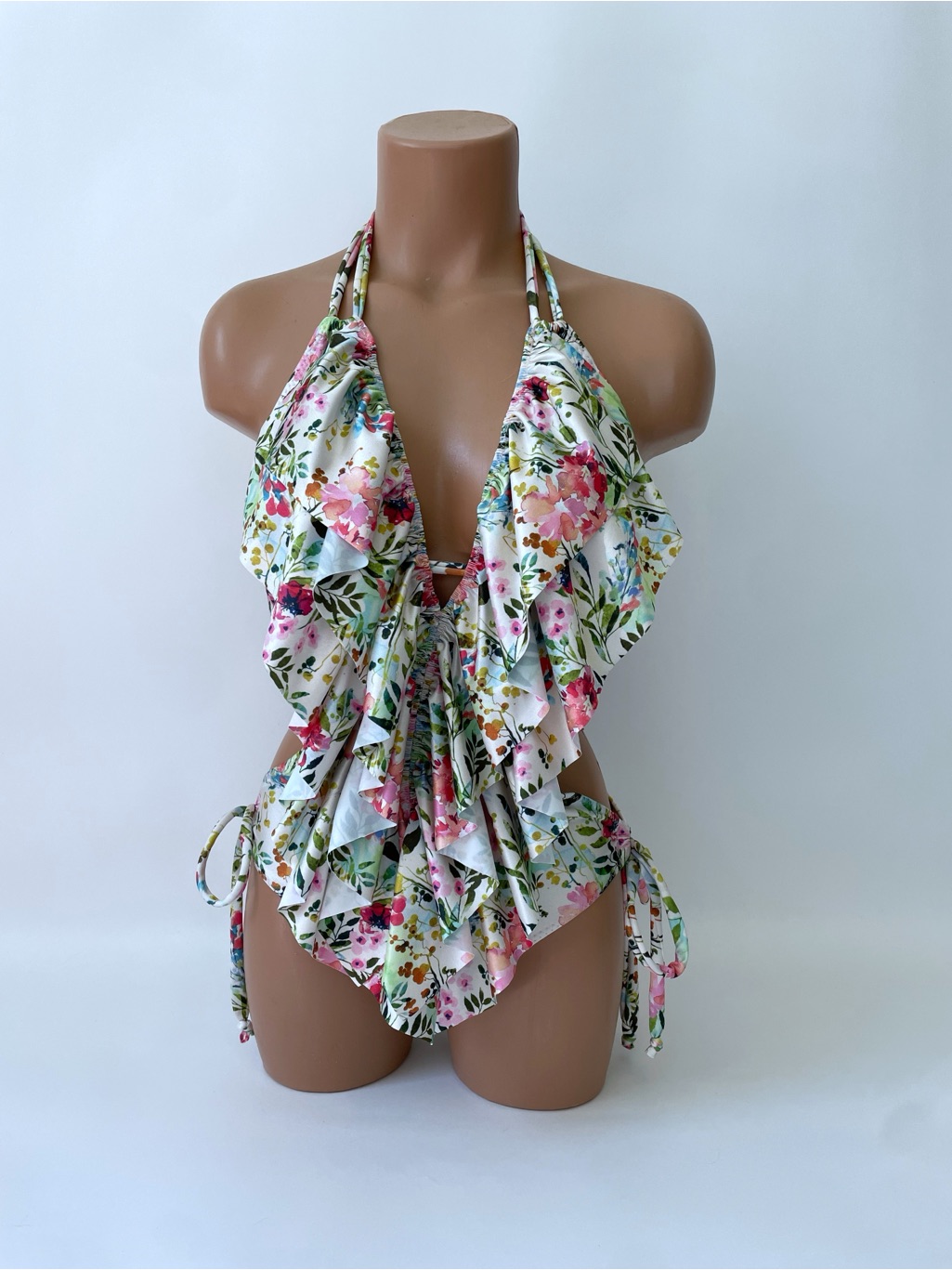 Ruffled Floral Halter One-Piece Swimsuit - Pink & Green